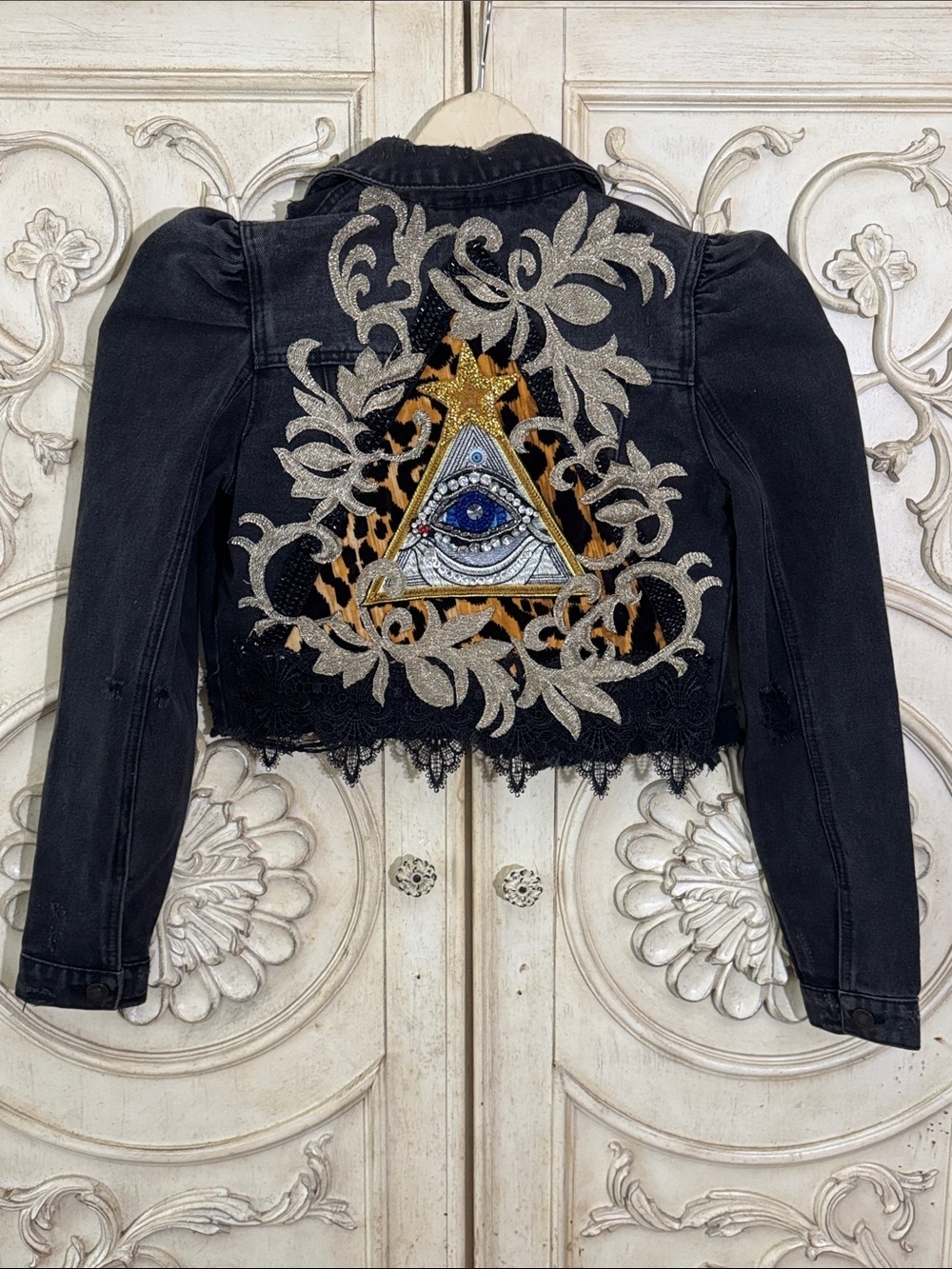 PACHAMAMA BOHEMIAN Embroidered Cropped Black Denim Jacket with Eye Motif